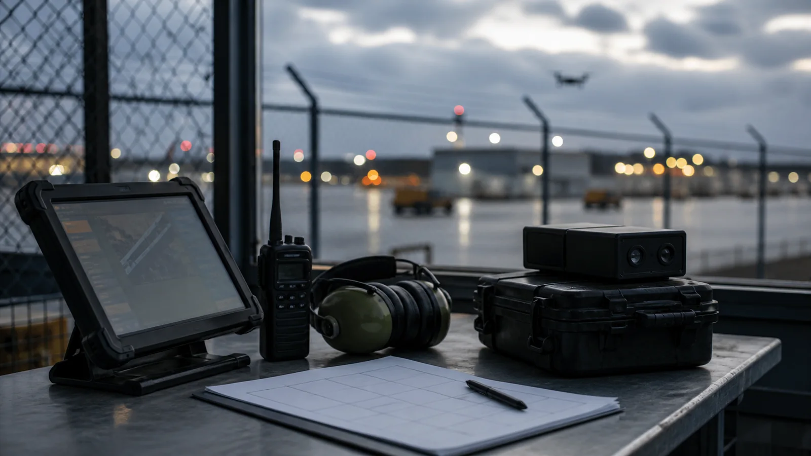 A security workstation with counter-drone equipment faces a blurred cargo apron where a small unmarked drone is visible in the distance.