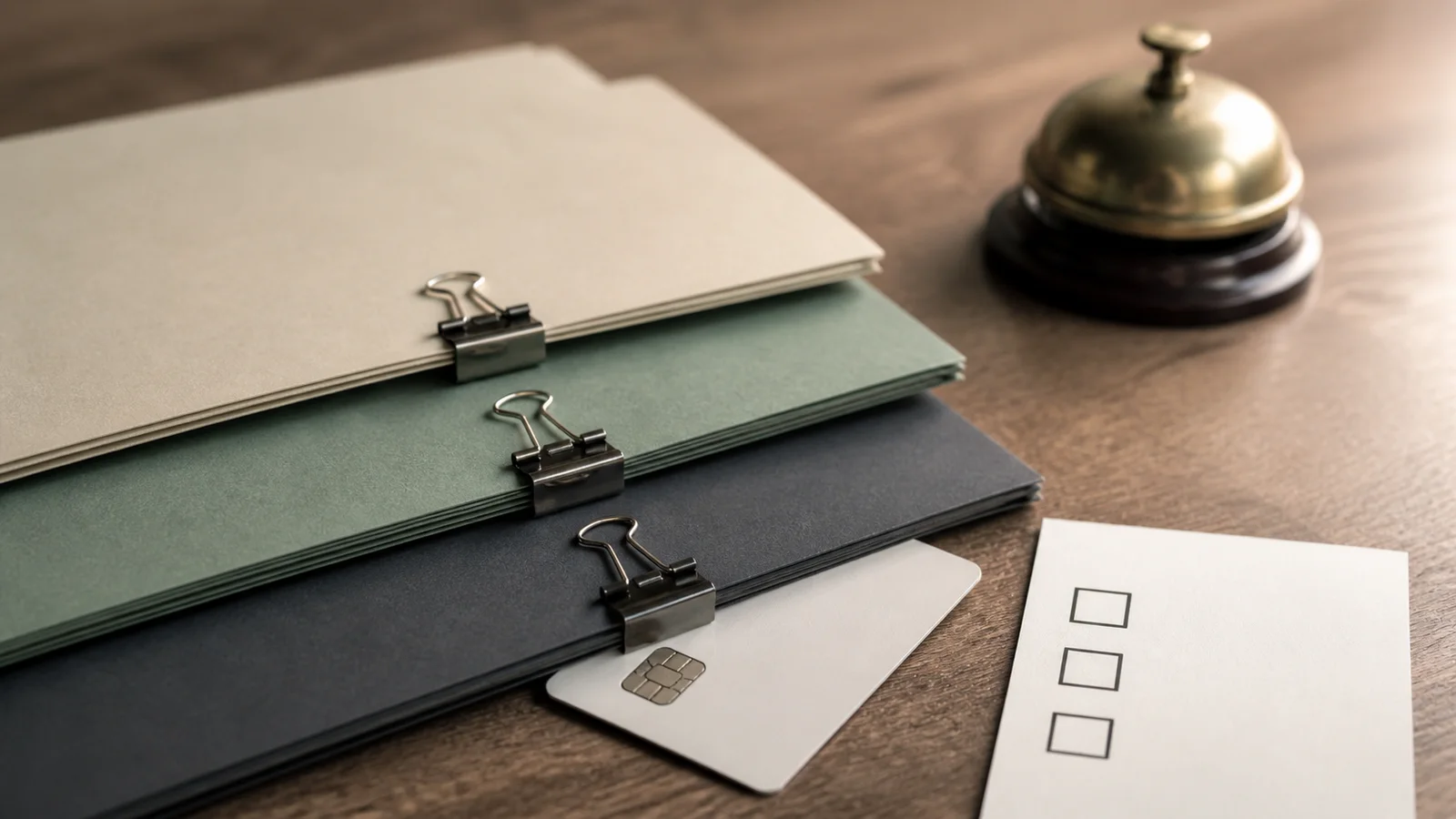 A credit freeze checklist, sealed envelope, and payment card arranged on a desk to show the first identity-theft response steps