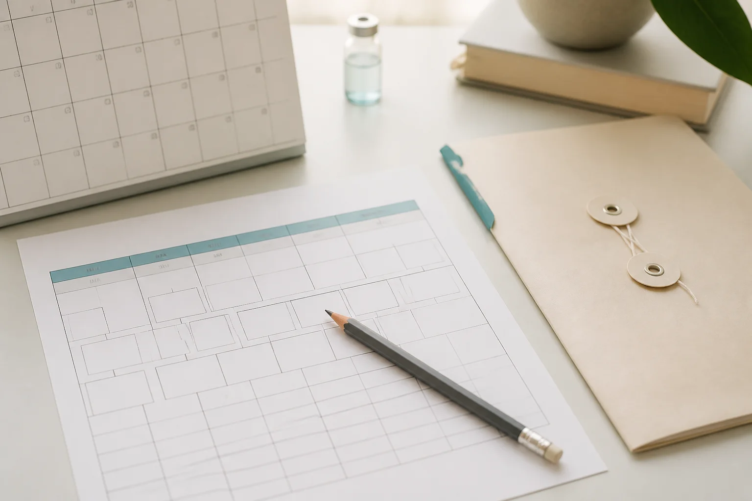 Blank family-history worksheet, pencil and counseling folder arranged beside an out-of-focus vaccine vial
