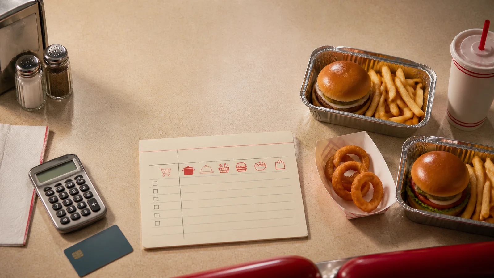 A meal-planning tabletop with takeout trays, a calculator, and a simplified weekly budget card