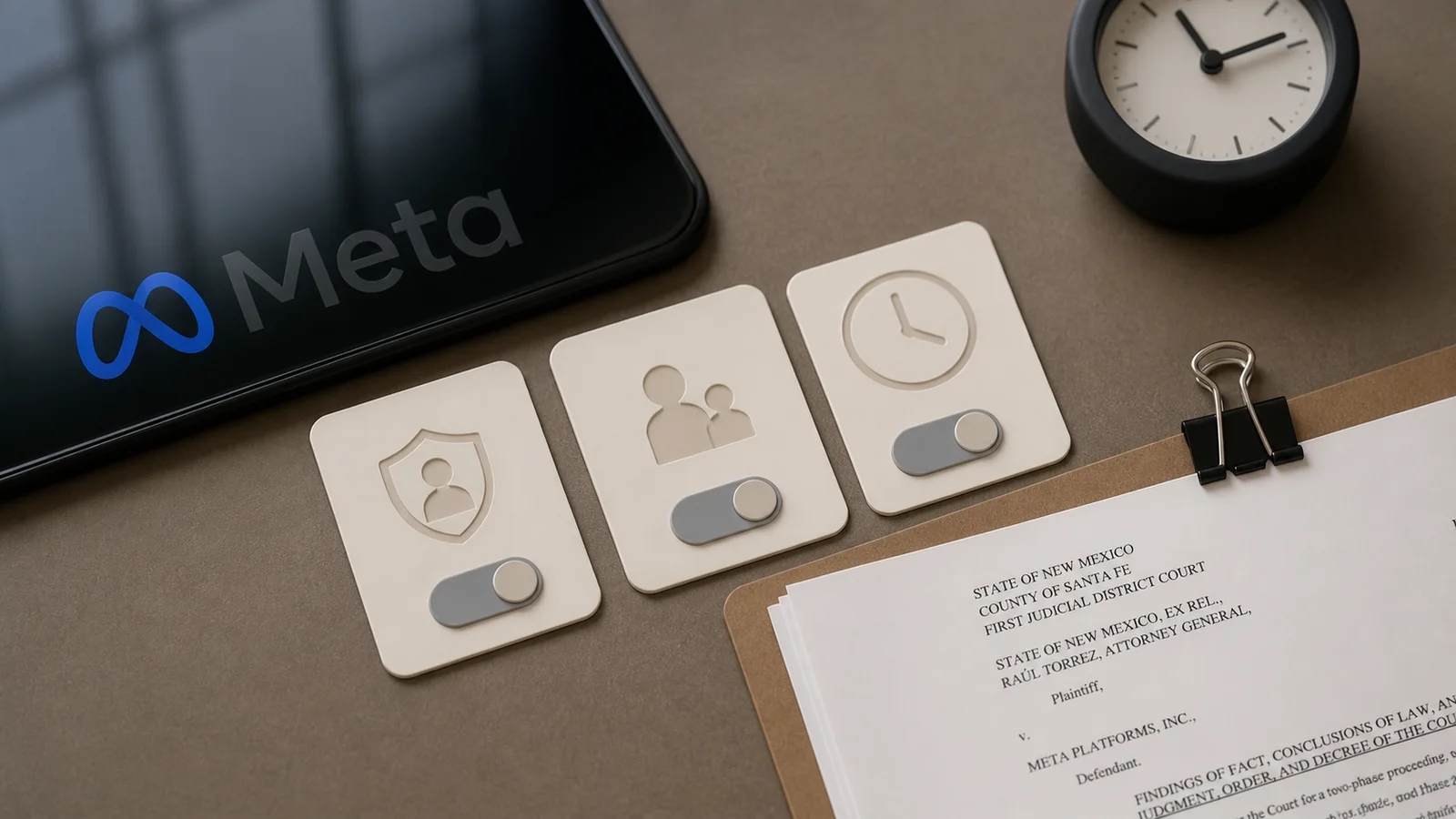 Meta-branded device imagery sits beside neutral account-control symbols and a clipped court document.