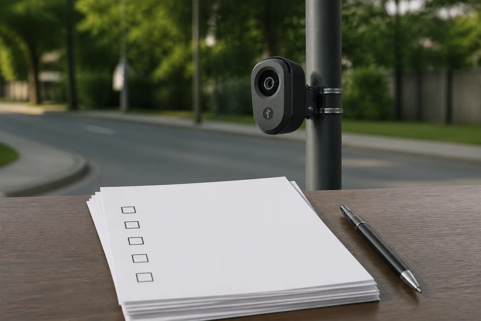 Source-grounded editorial image of Flock Safety camera hardware near non-readable contract pages and check boxes.