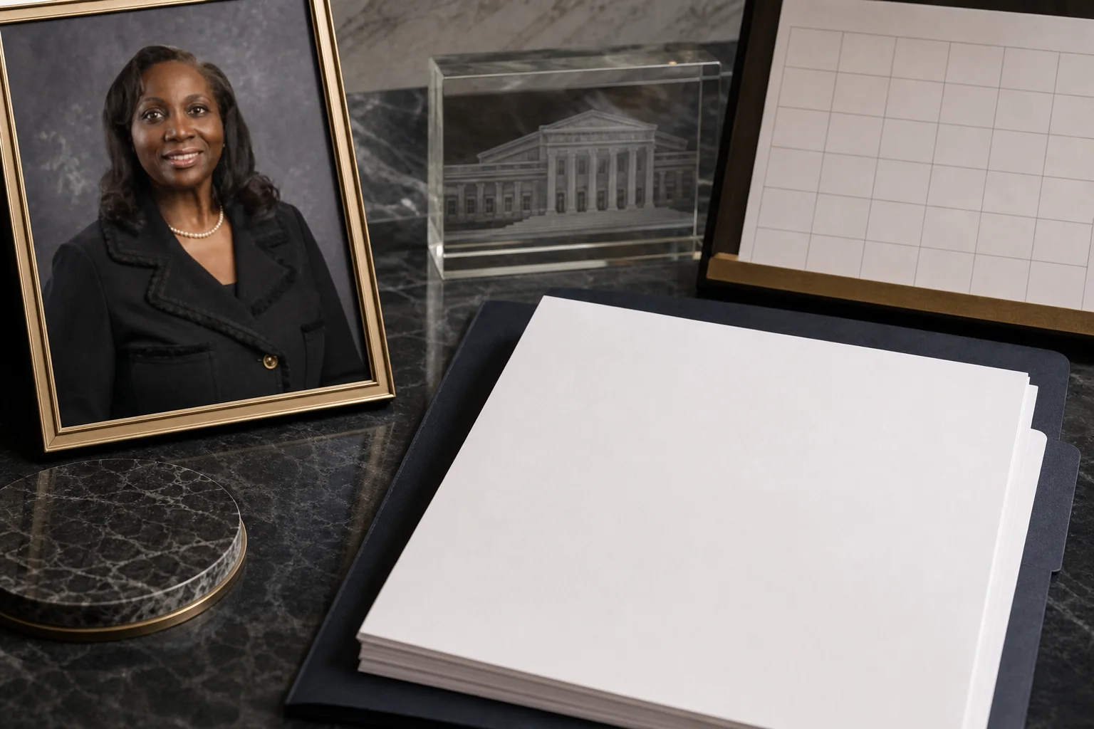 Lisa Cook shown beside a blank response packet and calendar-style process objects in an editorial Fed independence image.