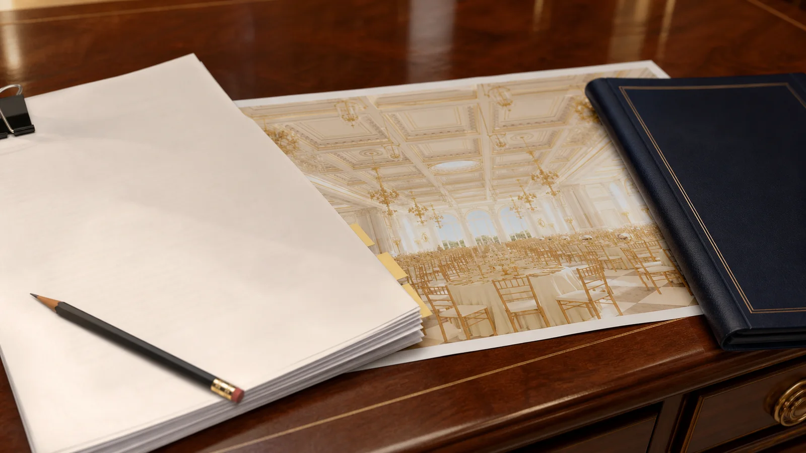 A White House ballroom rendering partly covered by court papers and a legal folder on a desk