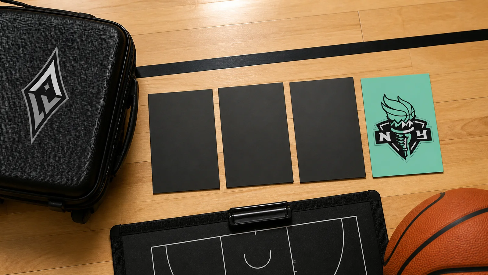 An Aces-marked travel case, three blank player cards and a Liberty card sit on a basketball court surface.