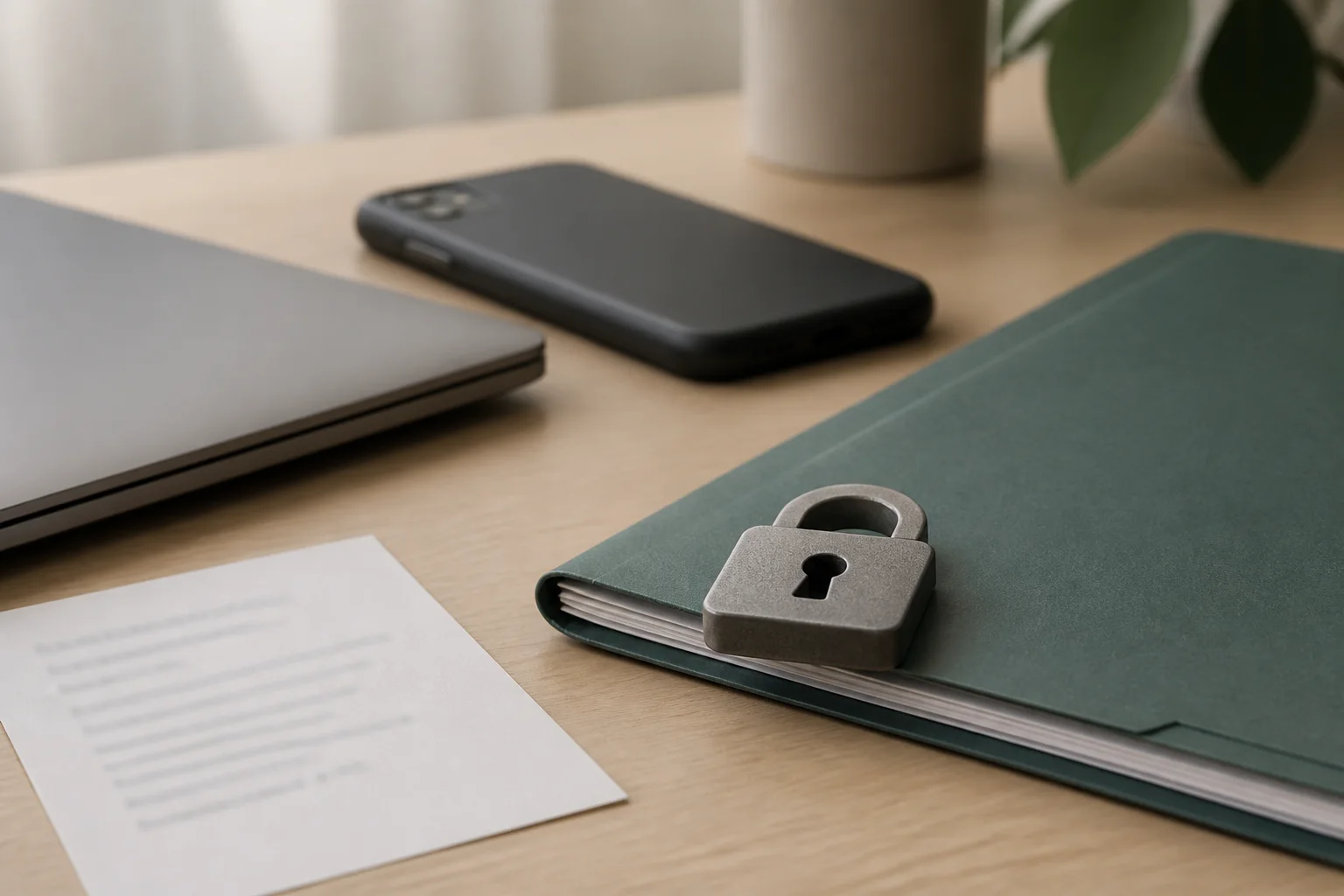 A face-down phone, closed laptop, folder and small lock token arranged as a reminder to verify account messages