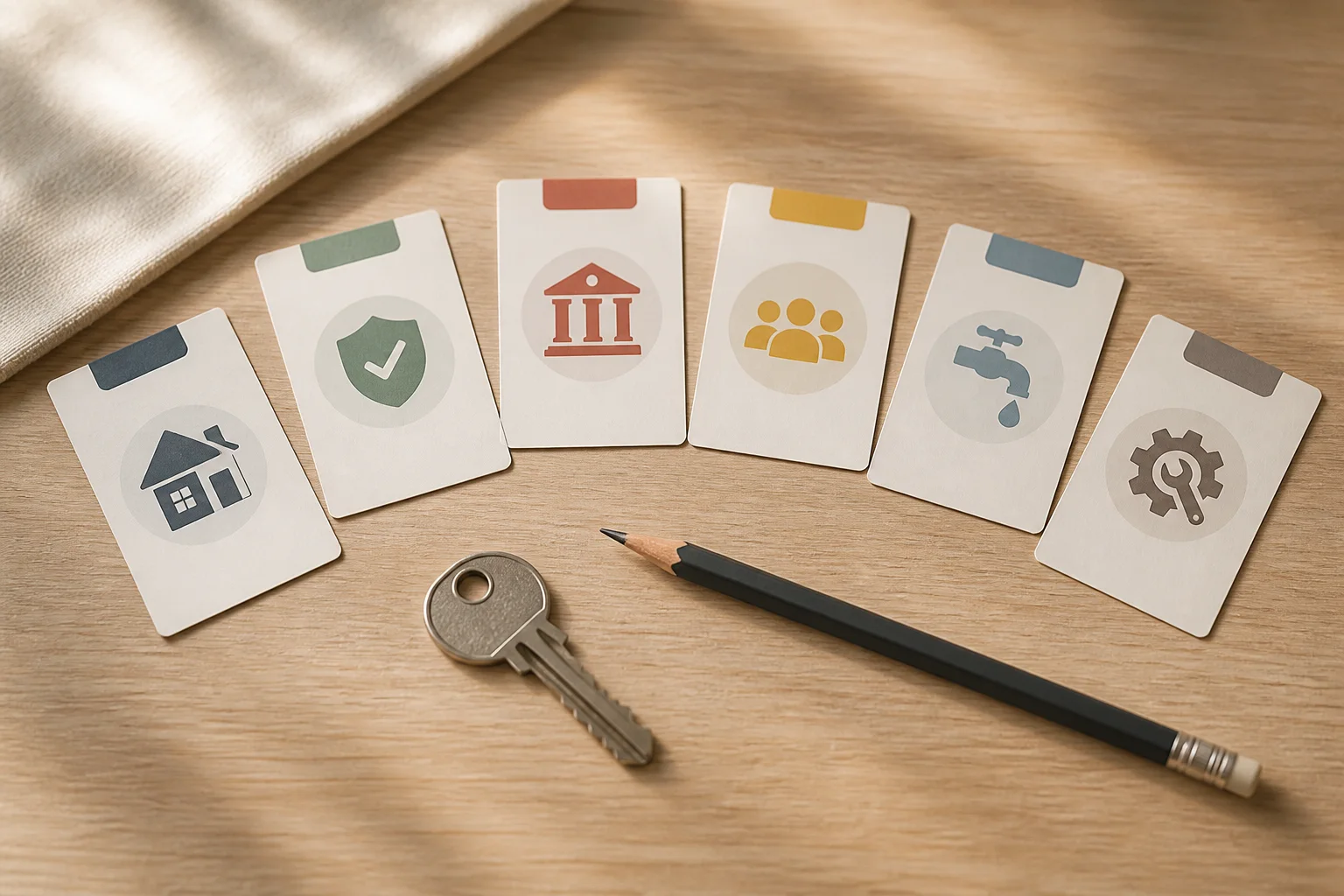 Blank monthly-cost cards arranged around a house key and pencil on a tabletop.