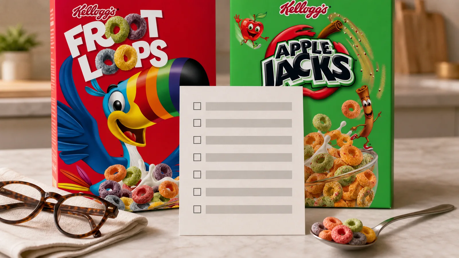 Cereal boxes, reading glasses and a blank label checklist arranged on a kitchen counter.