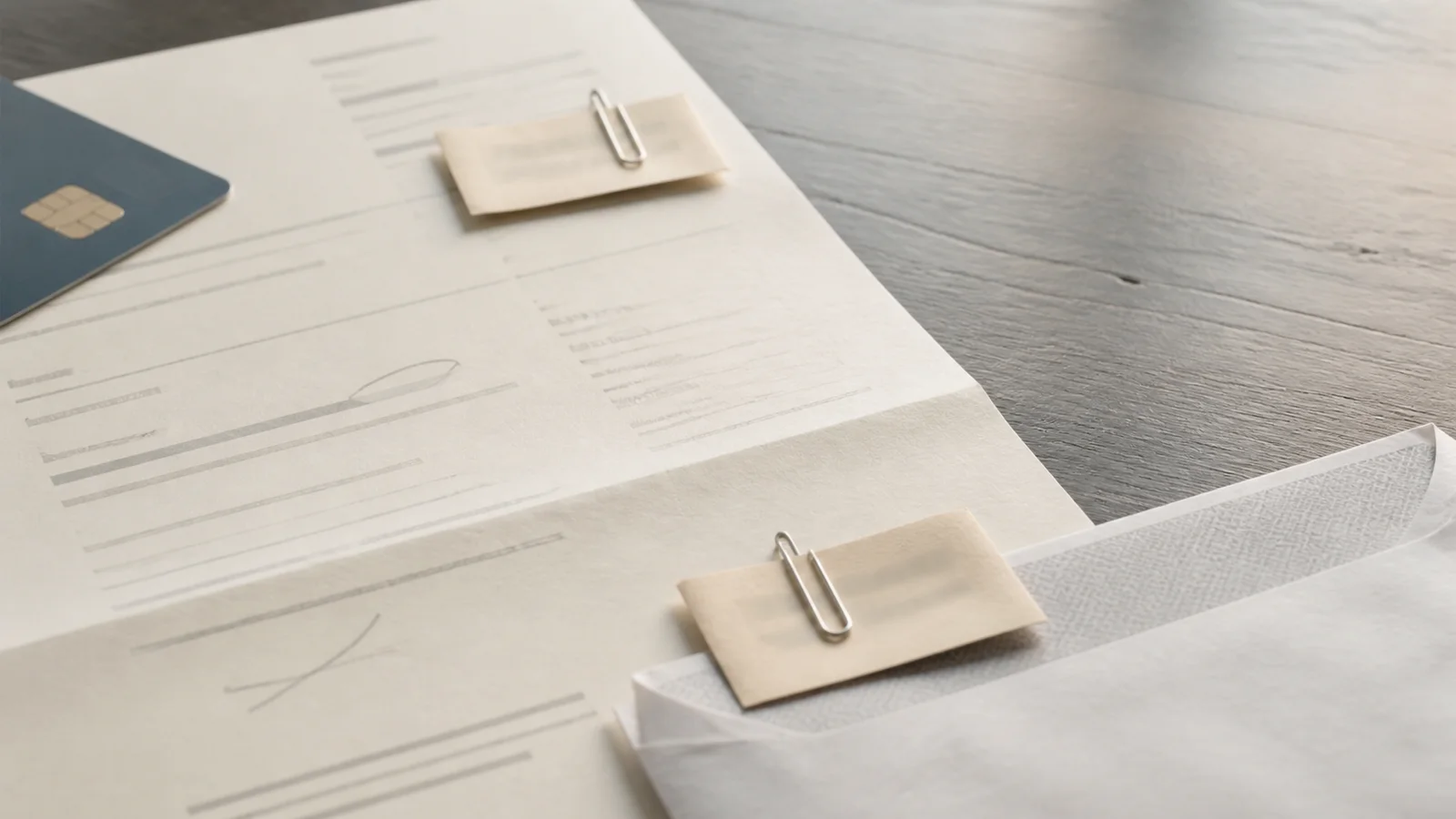 Two blank date tabs clipped to anonymous credit-card statement paperwork on a desk
