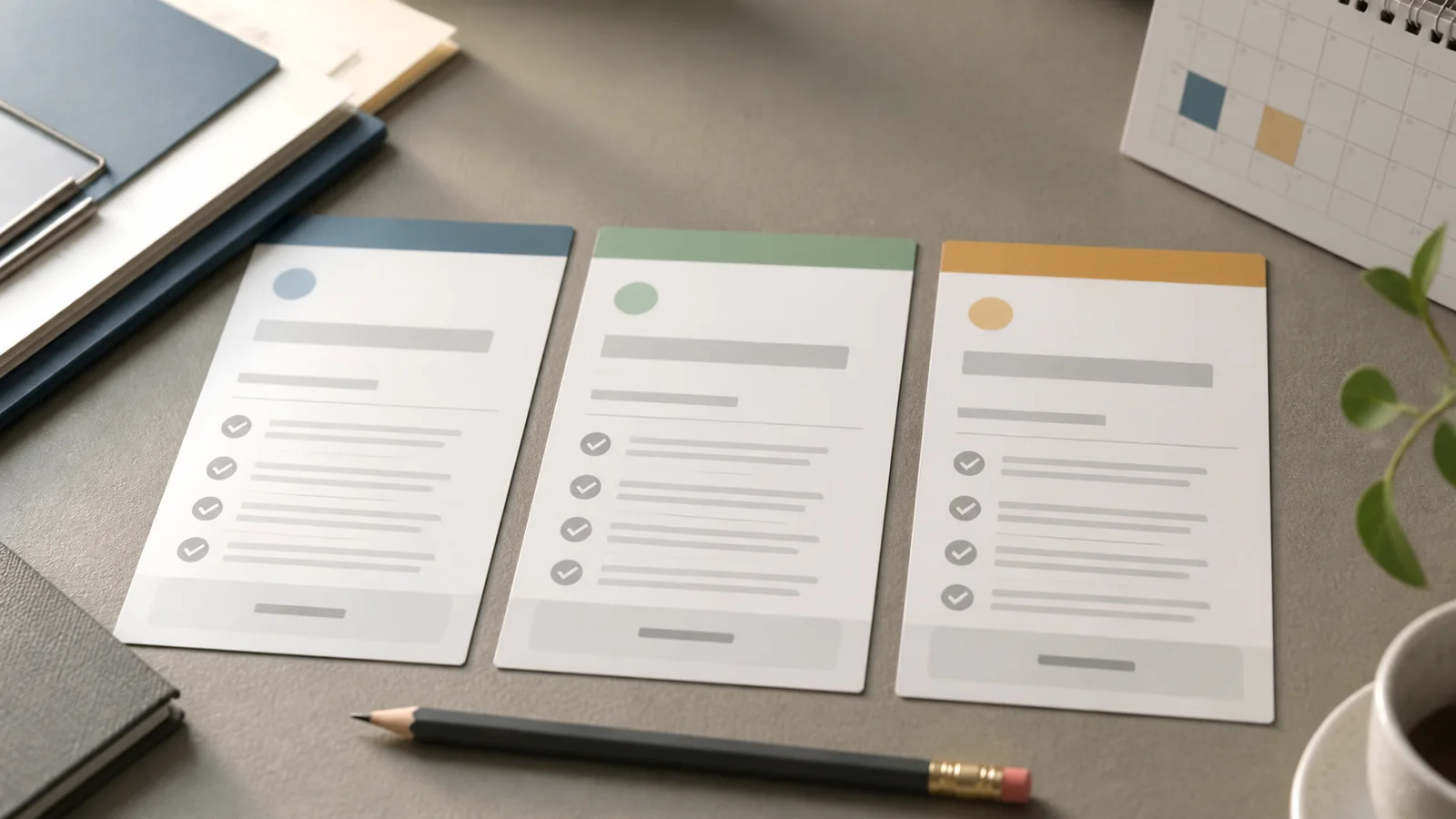 Blank repayment-plan comparison cards and a loan folder arranged beside a small calendar on a desk.
