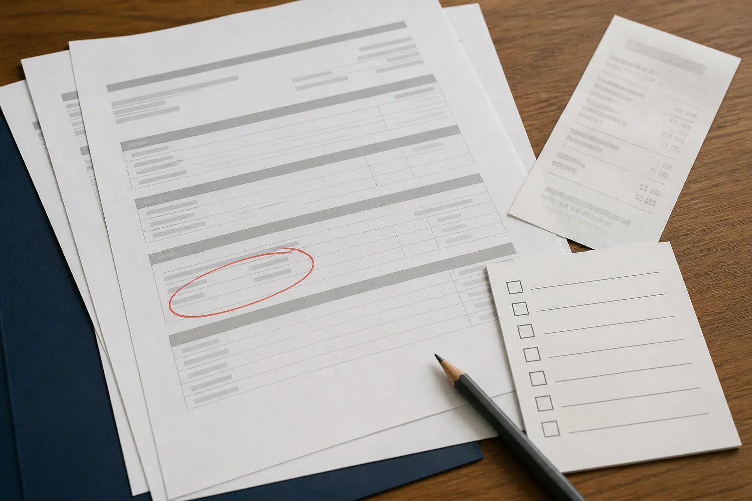 Credit report pages, a receipt, a pencil and a blank checklist arranged for review.
