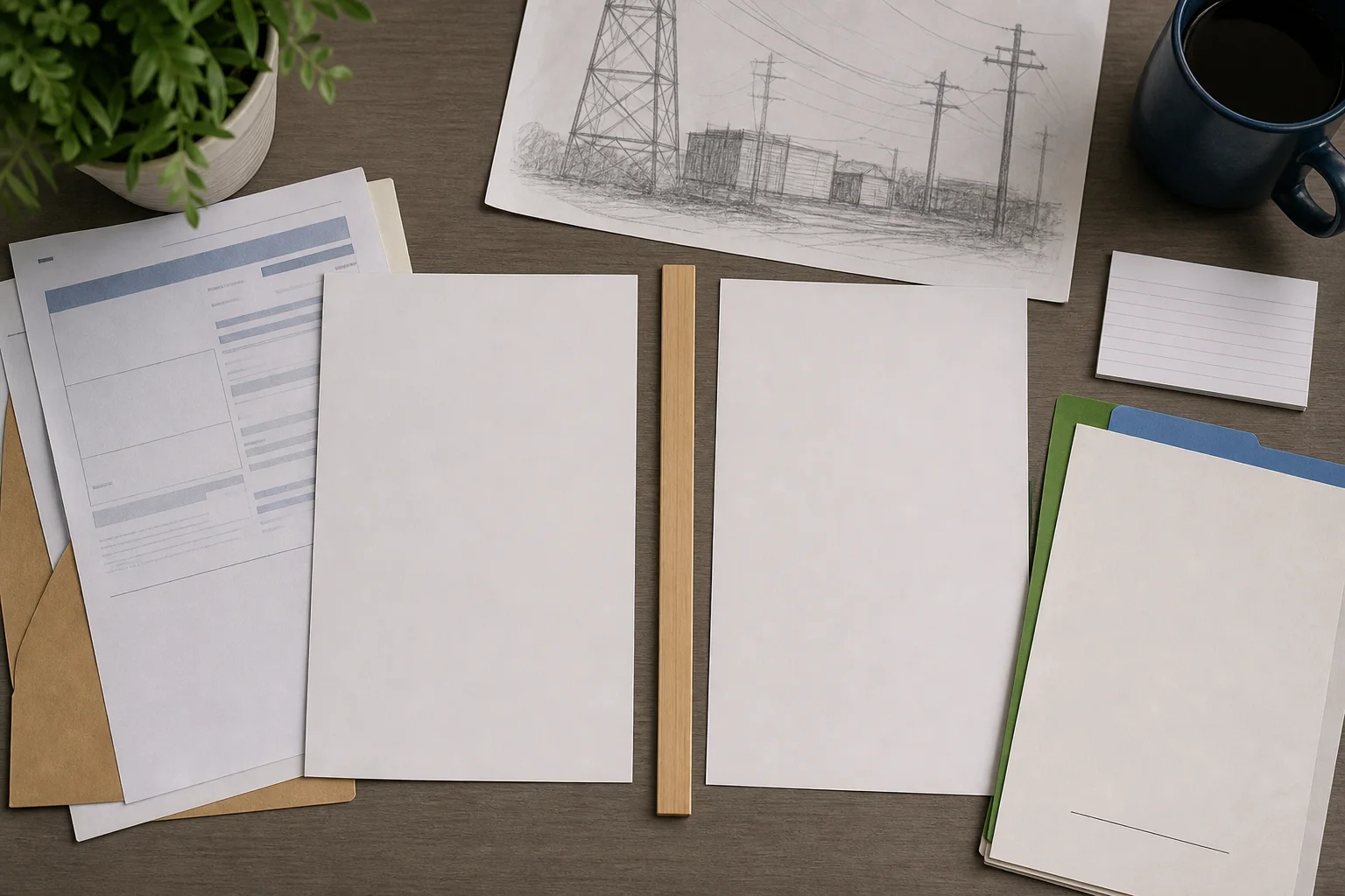 Blank utility and planning forms divided by a plain wooden strip with notes for power, water, and contract terms.
