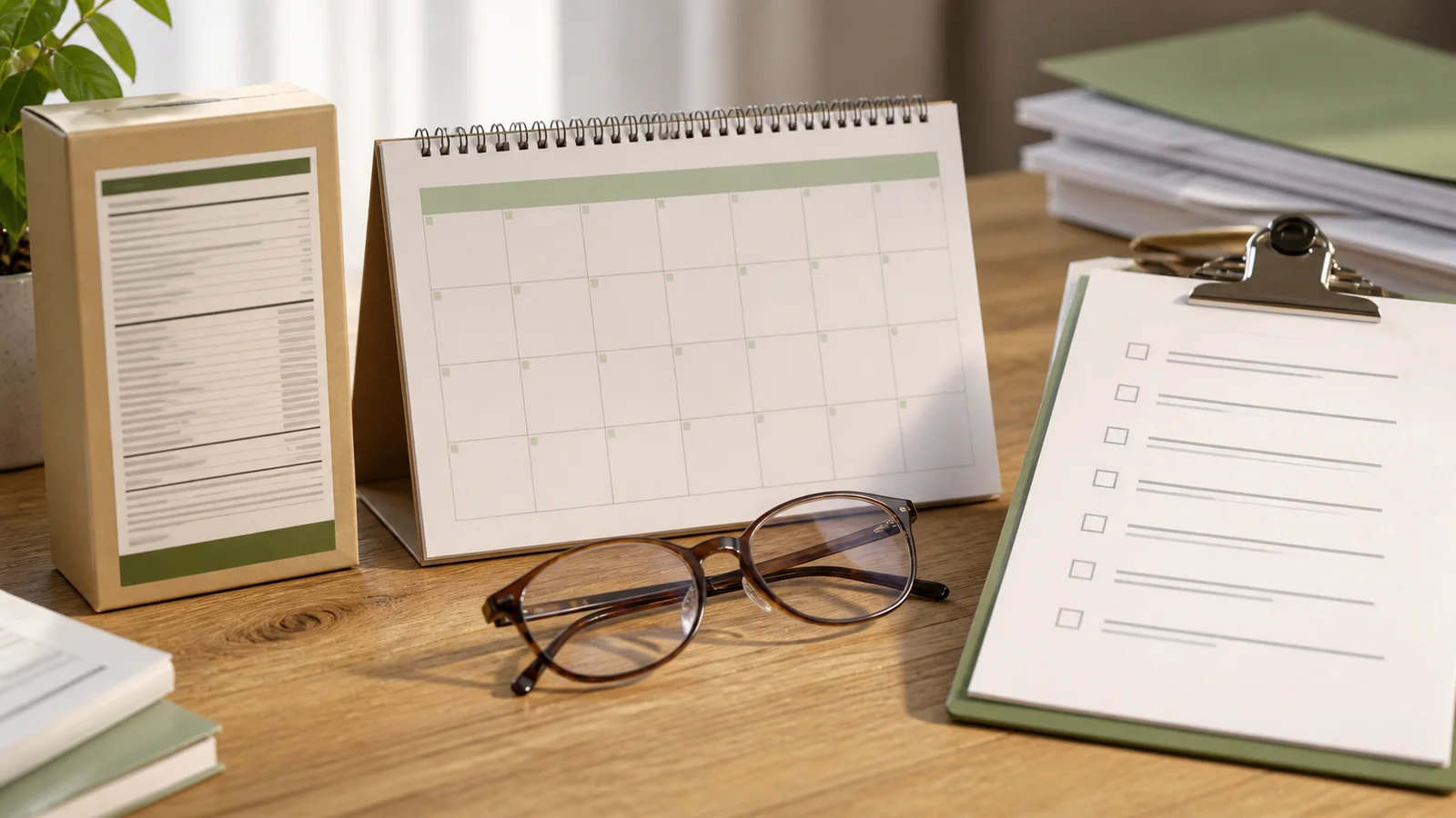A staged tabletop checklist connecting a packaged-food ingredient panel to a blank public-comment calendar and reading glasses