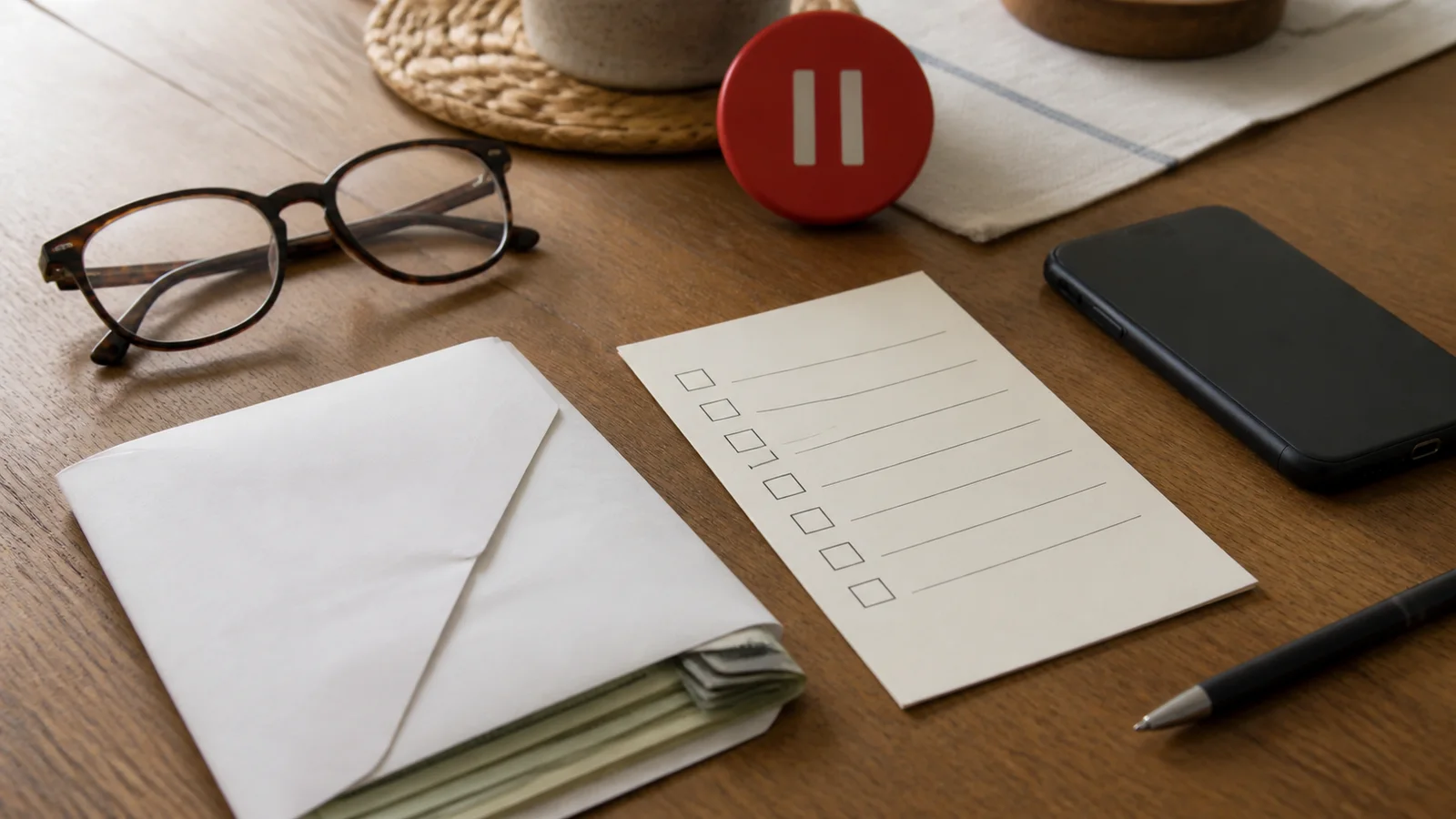 A closed cash envelope, face-down phone and blank checklist arranged as a payment-scam pause routine
