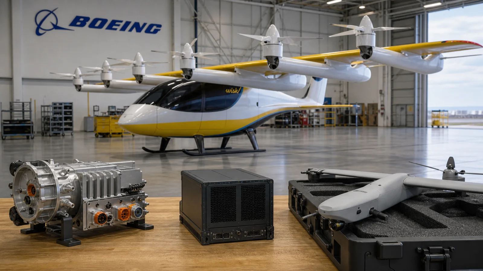 Aircraft, avionics and drone equipment arranged in a hangar to show Wisk Aero, SkyGrid and Insitu assets coming together.