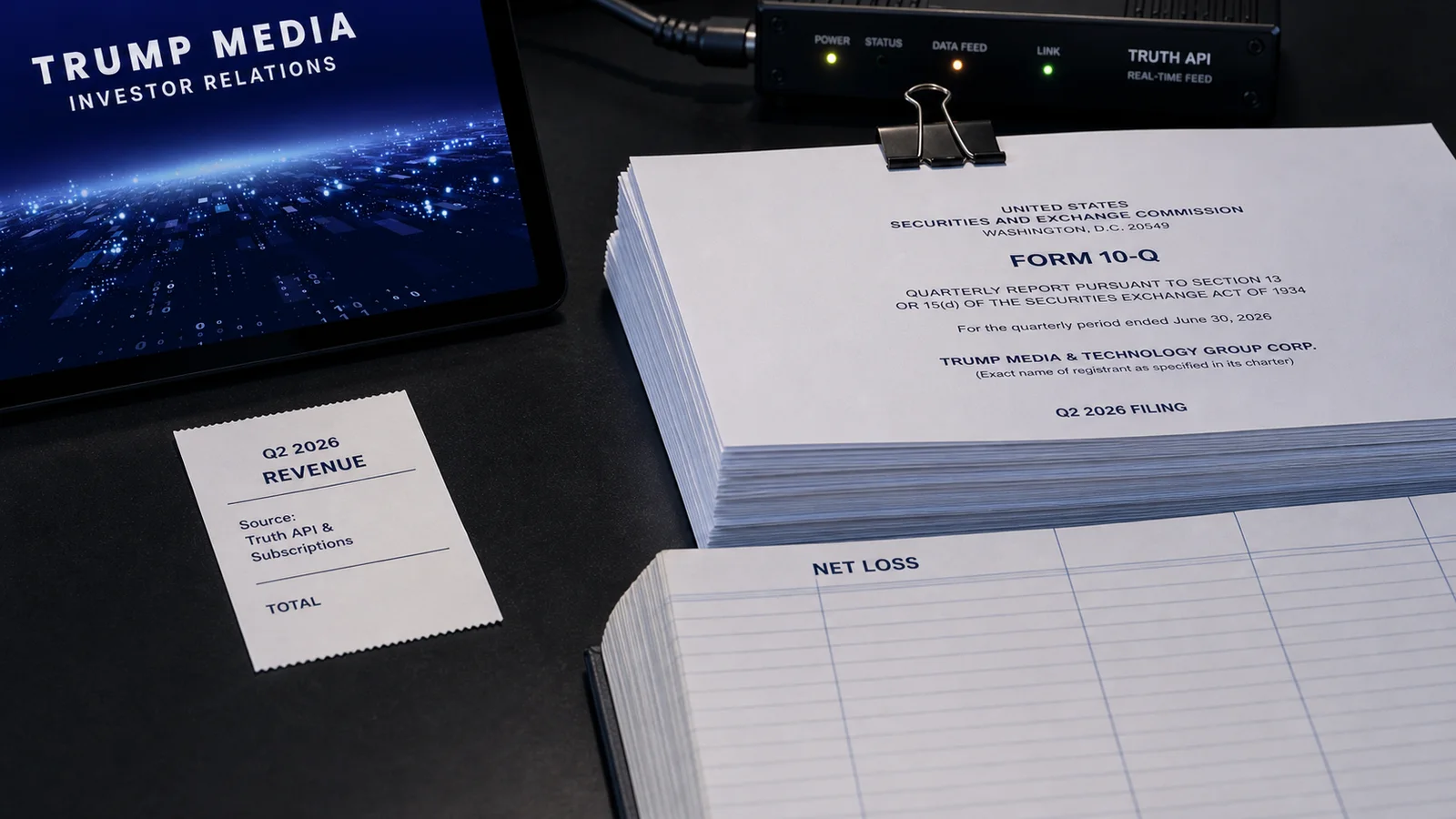 Trump Media investor-relations display beside Q2 filing papers, a small revenue slip, and a larger loss ledger.