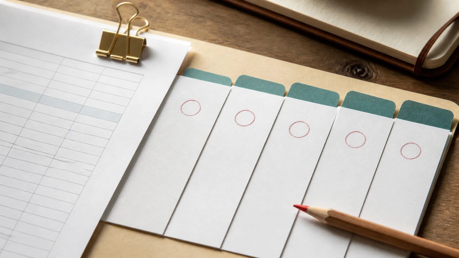 Five blank paper tabs beside a household budget sheet and a pencil on a desk.