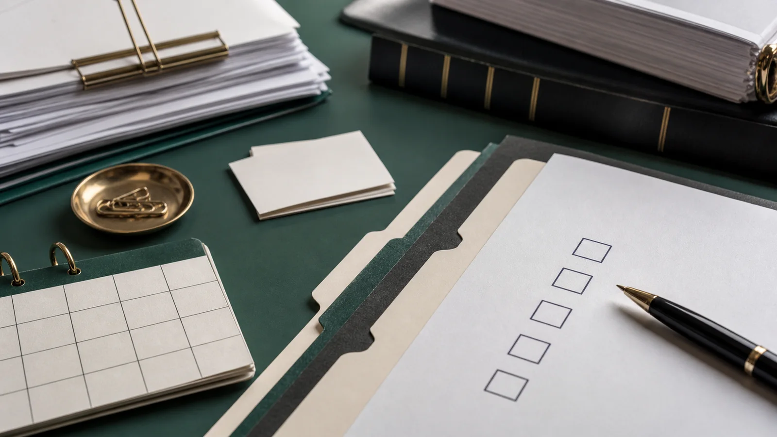 A due-diligence packet, blank document tabs, evidence stack, calendar tracker and pen arranged for an investor-visa checklist.