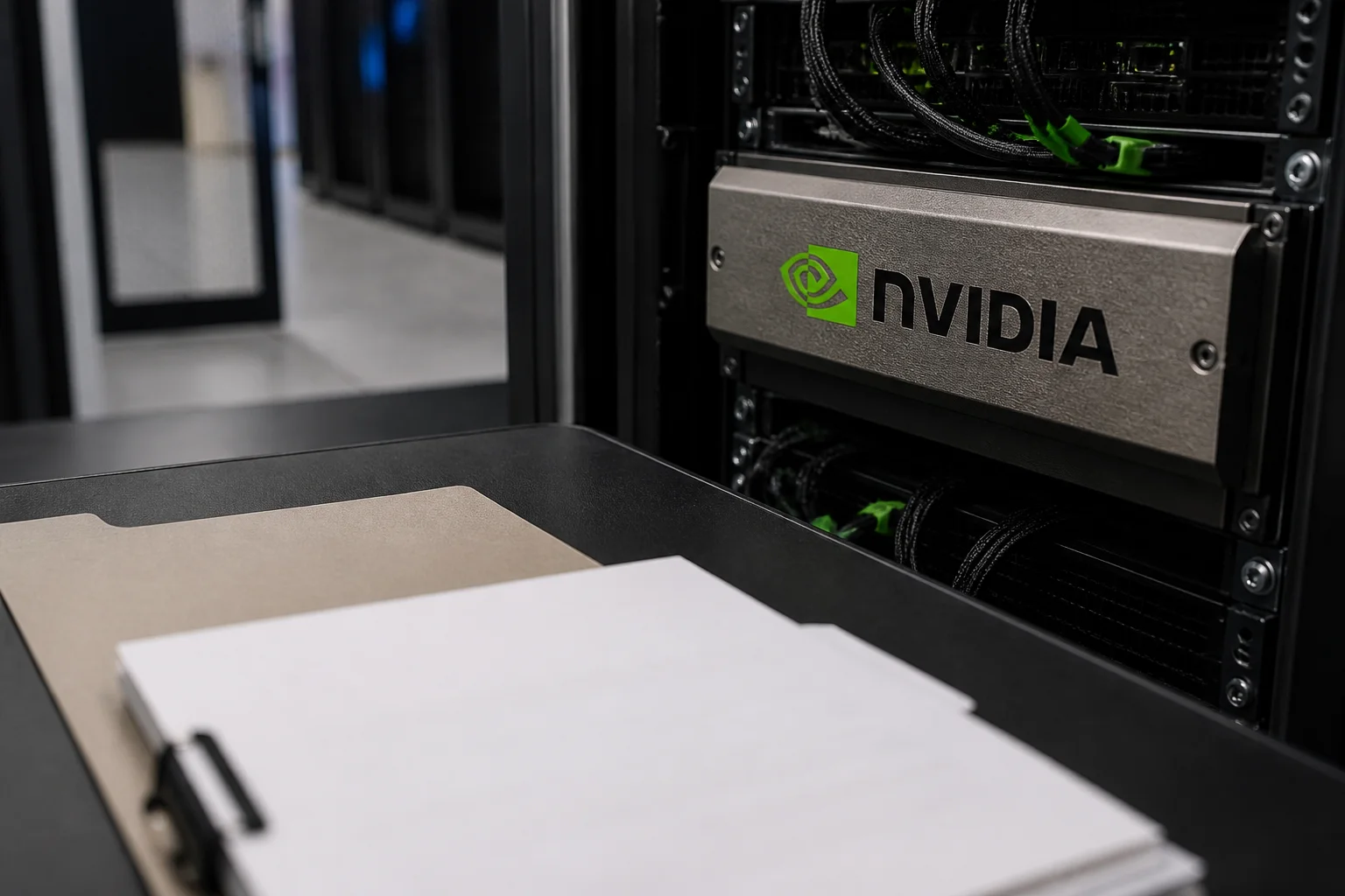 Nvidia-branded compute hardware beside unsigned financing folders.