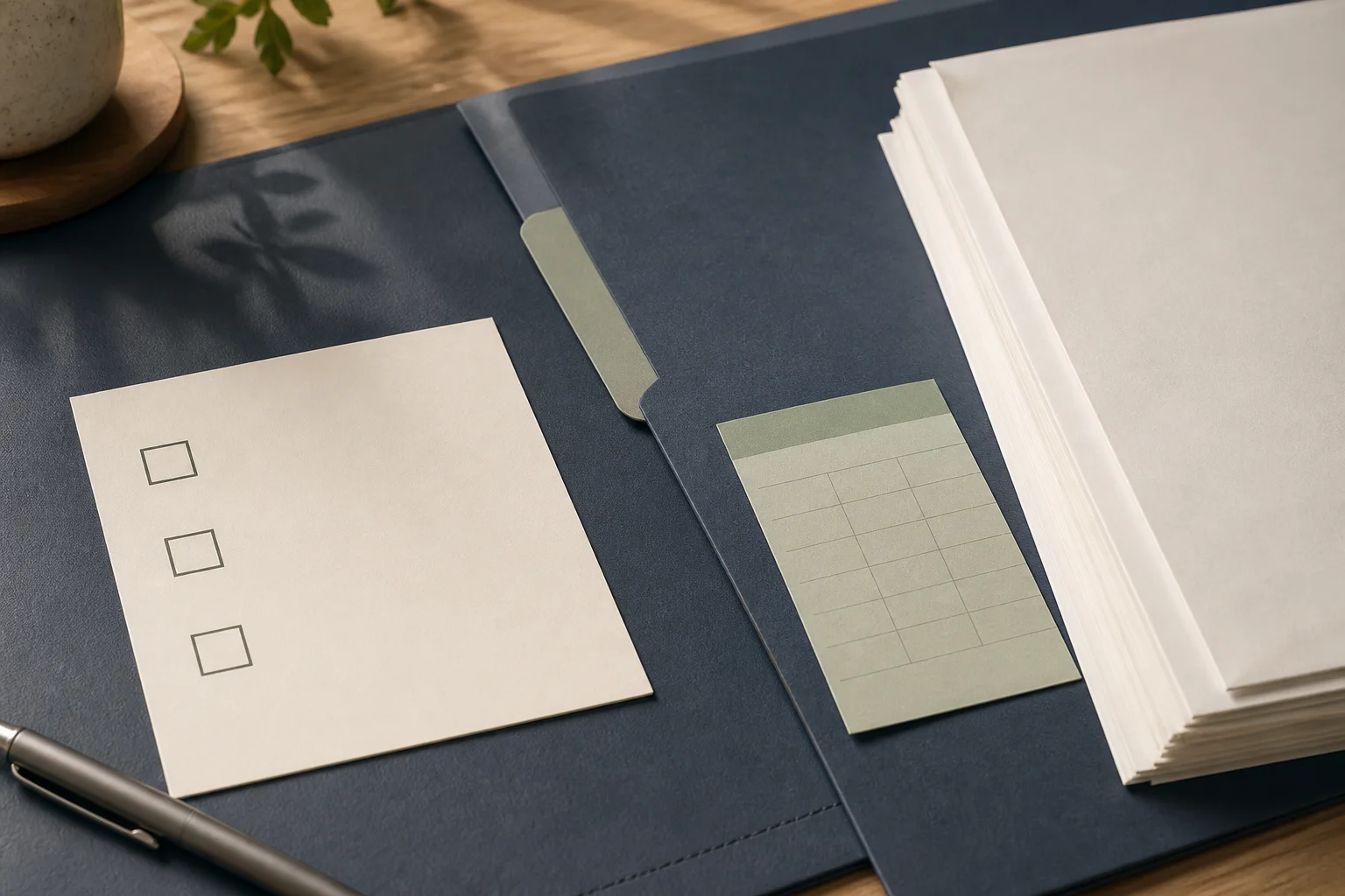 Blank checklist boxes beside retirement account paperwork and a contribution card on a desk.