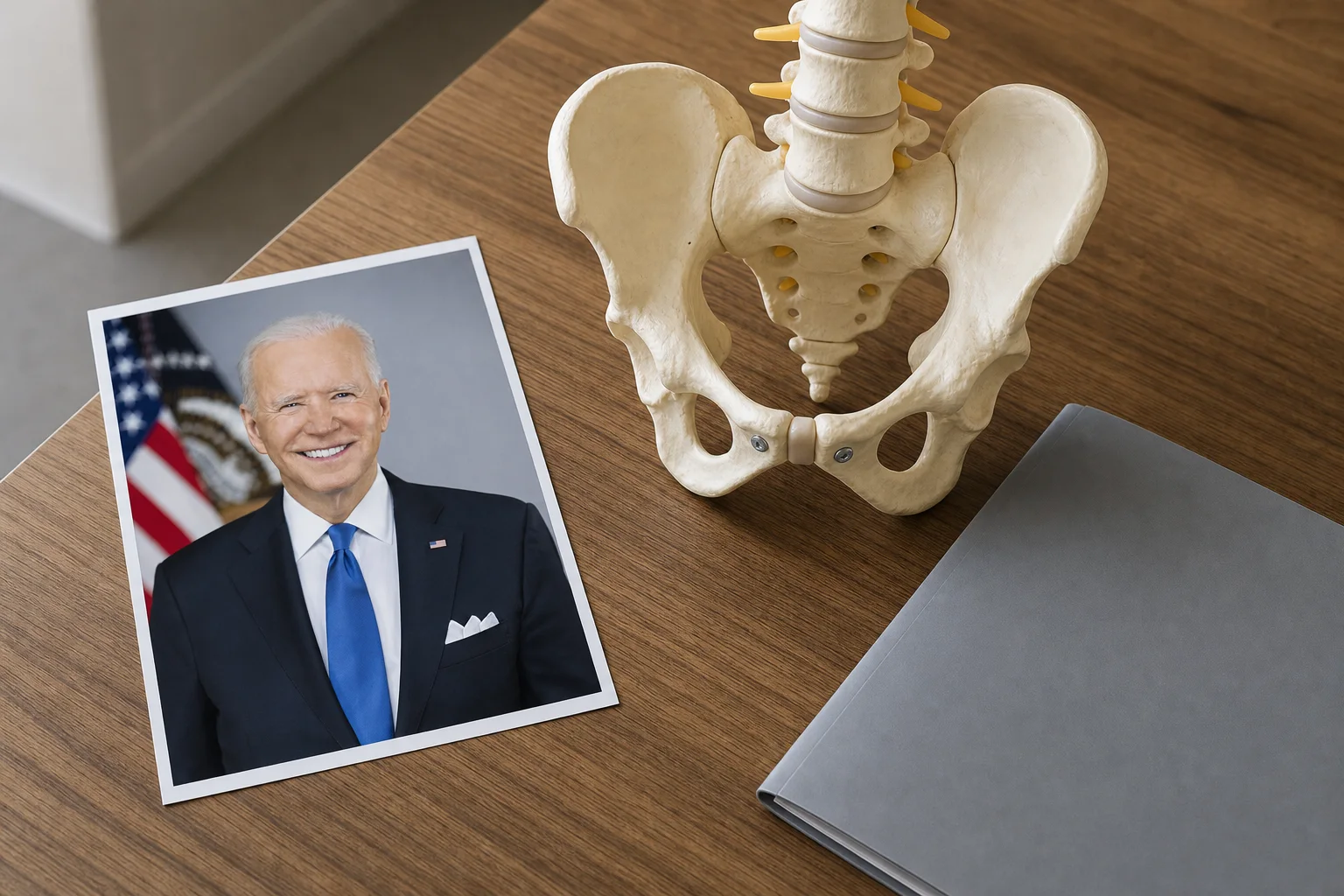 Joe Biden's official portrait beside a generic anatomical pelvis model and an unmarked folder