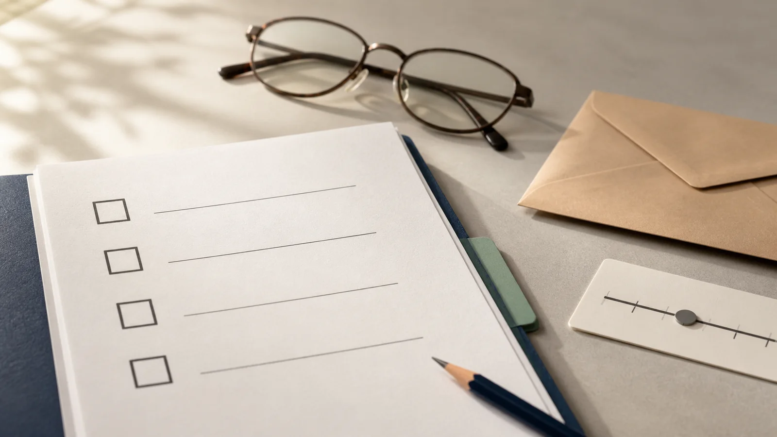 A generic retirement-planning checklist with blank checkboxes, reading glasses, an envelope and a pencil on a desk.