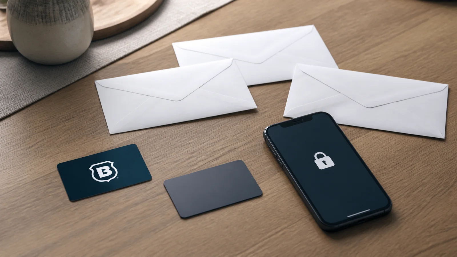 A Brinks Home service card near sealed envelopes, a locked phone, and a face-down payment card