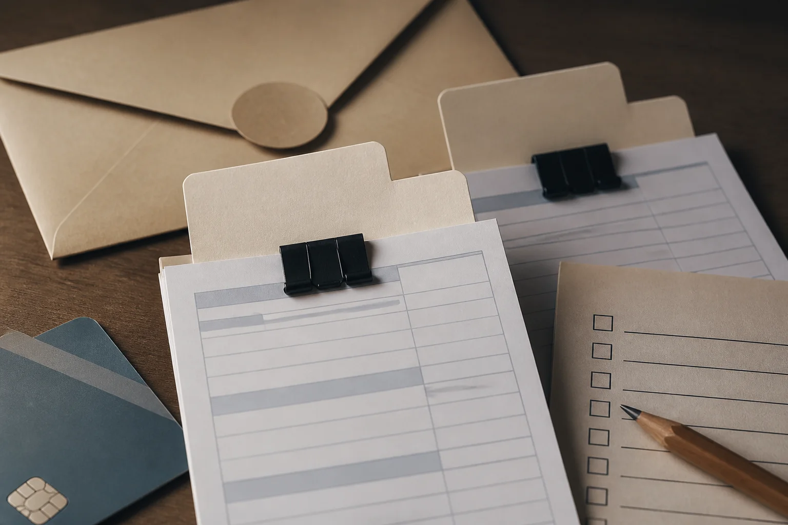 Blank payment slips and an empty checklist staged to show a high-rate account moved to the front of a debt plan.