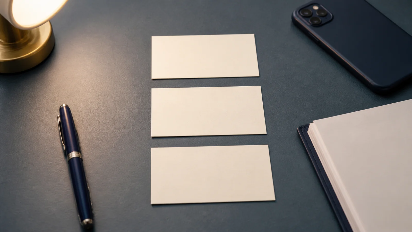 Three blank note cards beside a pen and phone, arranged like a short message outline on a desk.