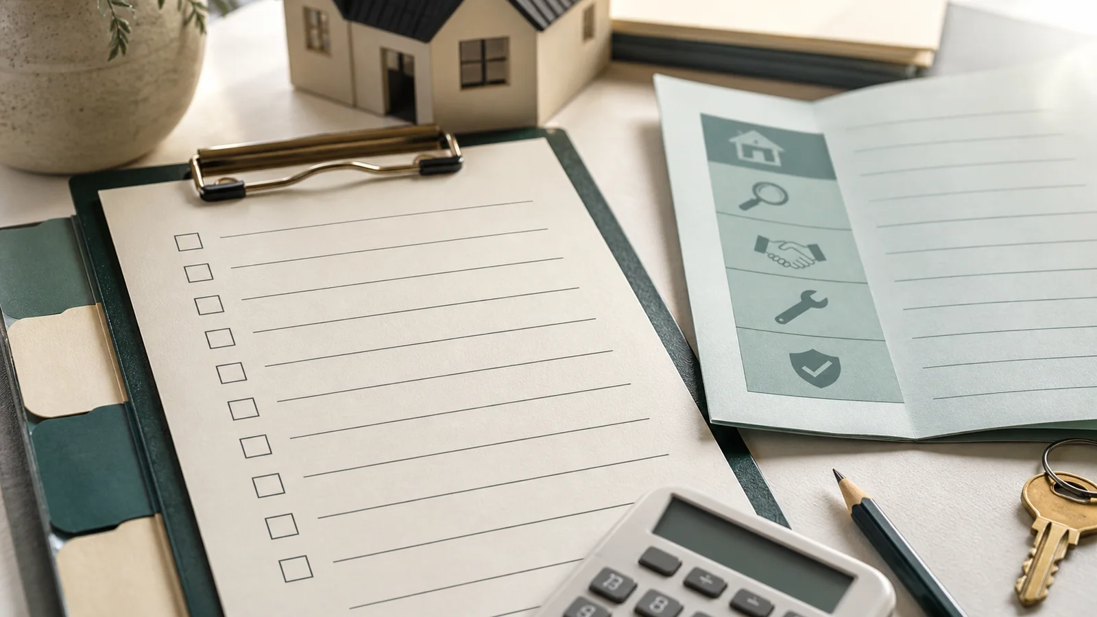 A close view of a mortgage preapproval worksheet beside a blank inspection checklist and calculator