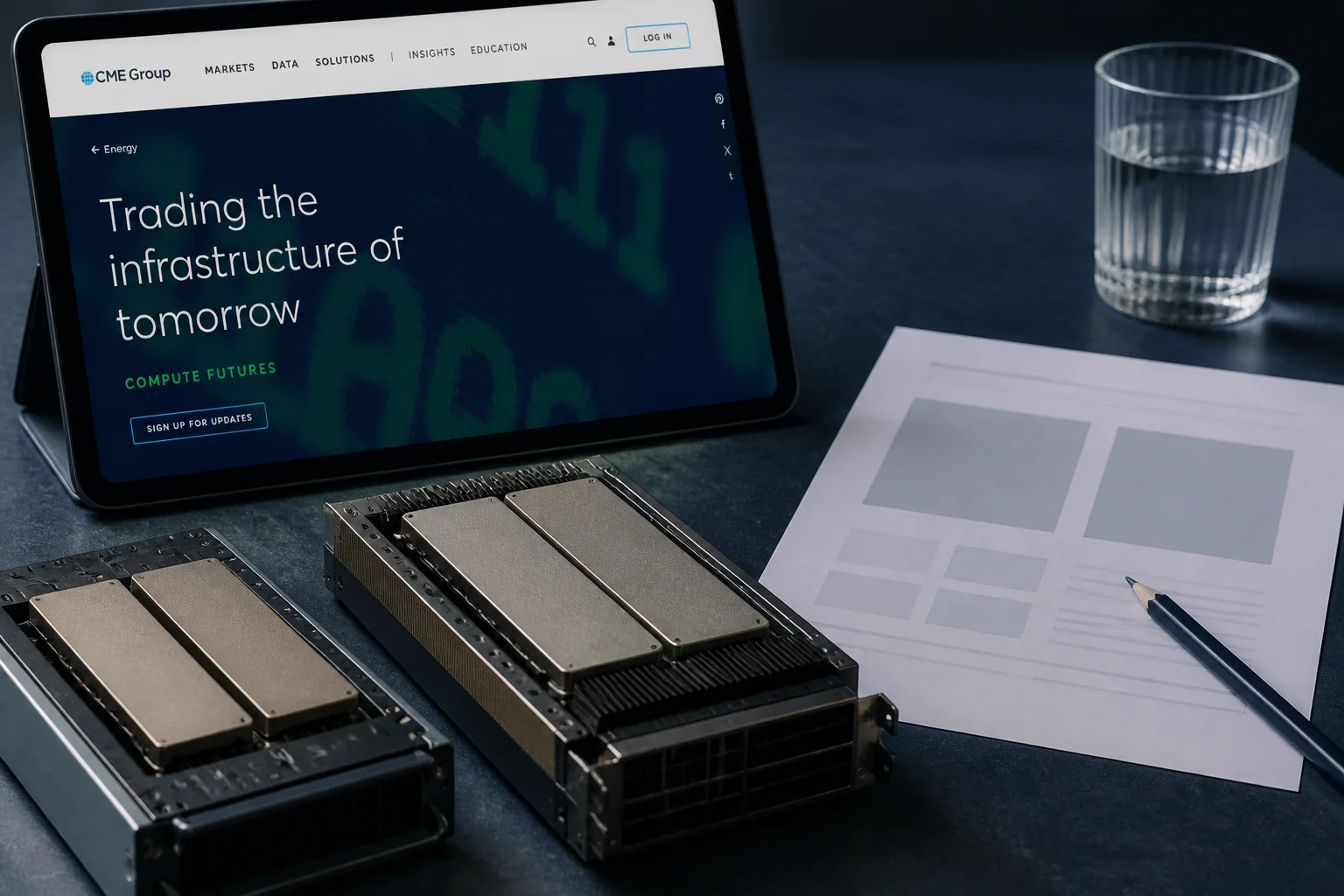 A CME Group compute-futures page shown beside unbranded server modules and a blank benchmark worksheet