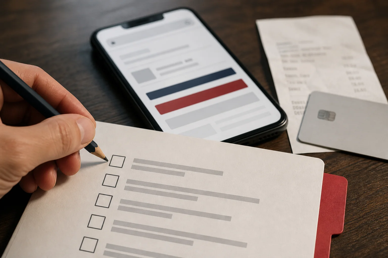 A blank phone checkout and a five-box checklist on a desk before a payment card and receipt.
