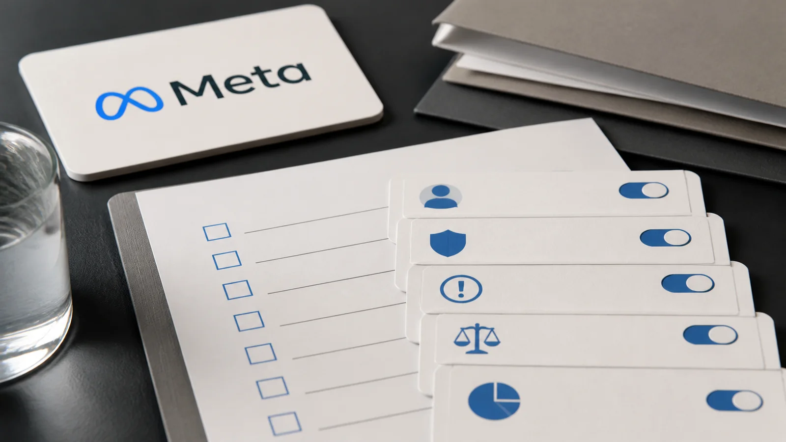 Meta-branded compliance materials and blank safety checklists arranged on a desk.