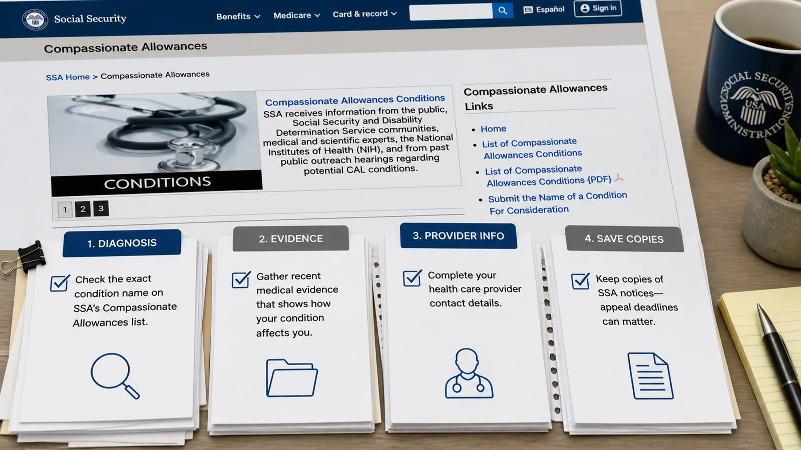 Social Security Compassionate Allowances page reference beside a generic claim evidence checklist