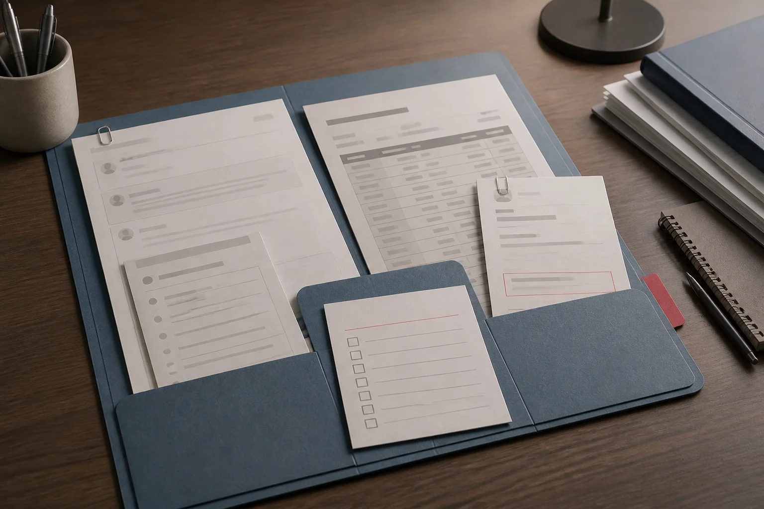 A folder of generic credit repair records, statements and cancellation notes organized on a desk.