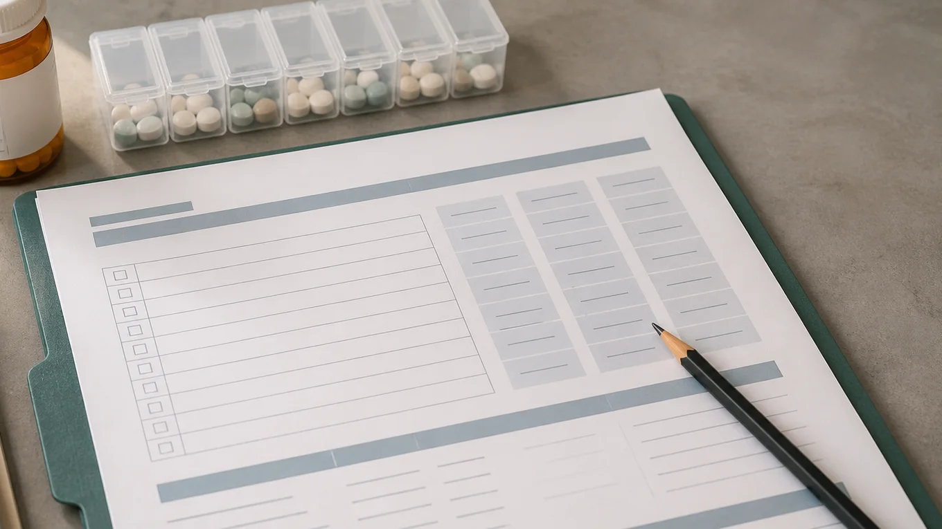 A blank medication checklist, prescription bottle, pill organizer, folder, and pencil arranged for a coverage cost review.