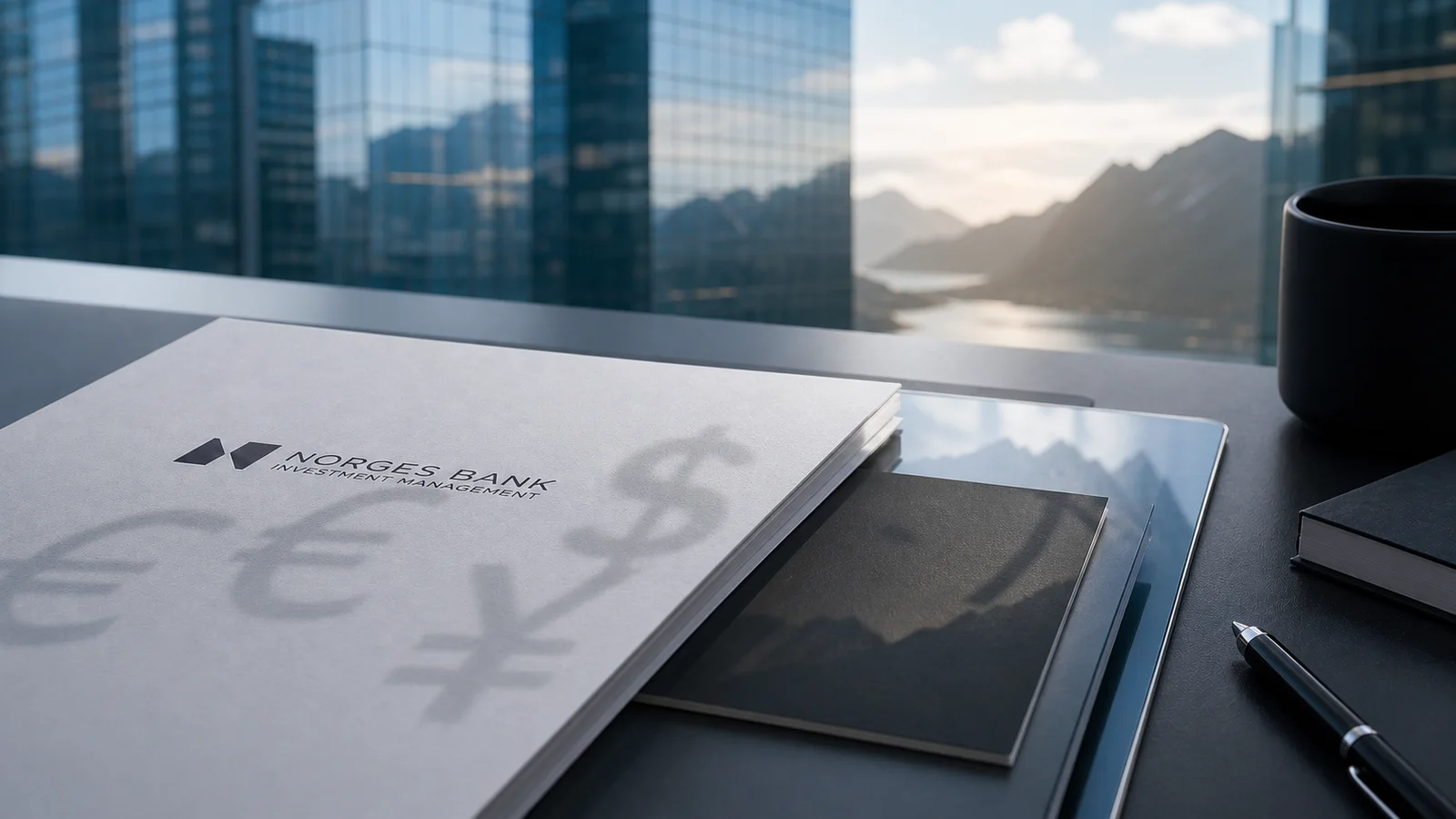 A source-grounded Norges Bank Investment Management portfolio-review still life showing stacked asset materials with a shadow suggesting currency pressure.