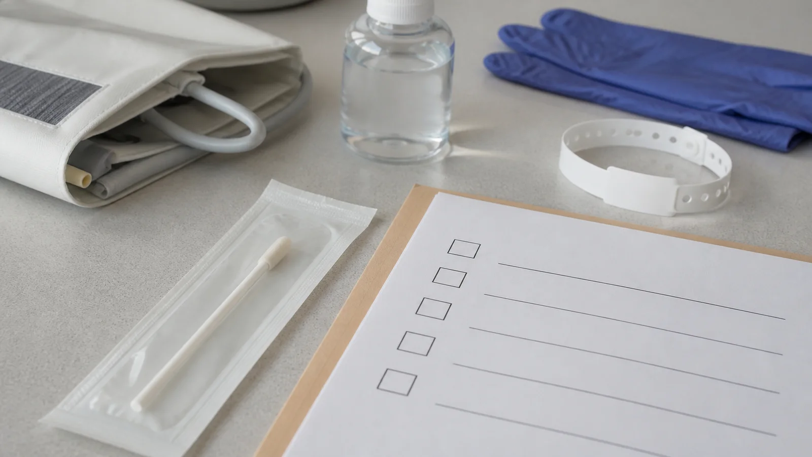 A close tabletop view of a hospital checklist, sealed swab packet, gloves and sanitizer prepared for a facility transfer