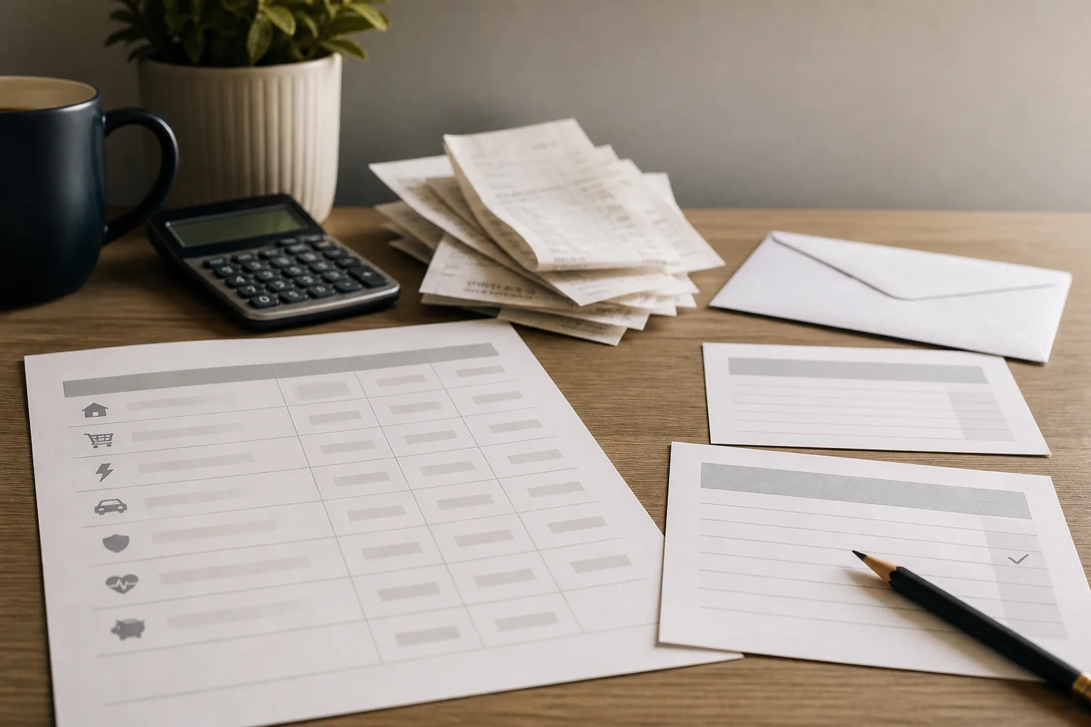 A budget page, receipts, and rate quote slips are sorted on a table.