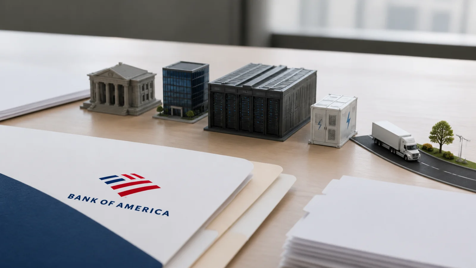 Bank of America branded finance folders arranged with small infrastructure models to show project financing steps.