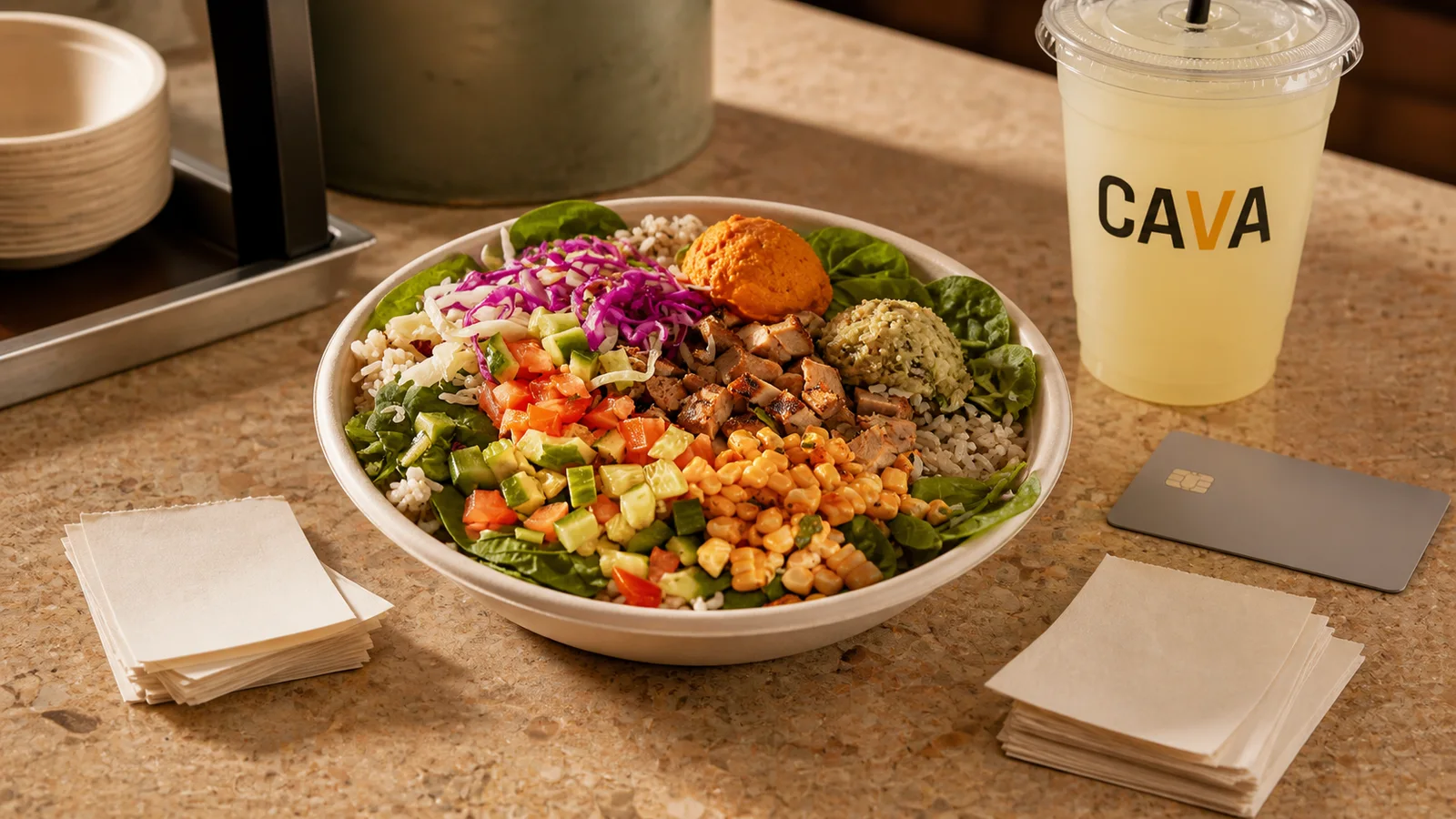 Cava bowl, branded cup and blank order chits arranged to compare customer visits with menu spending