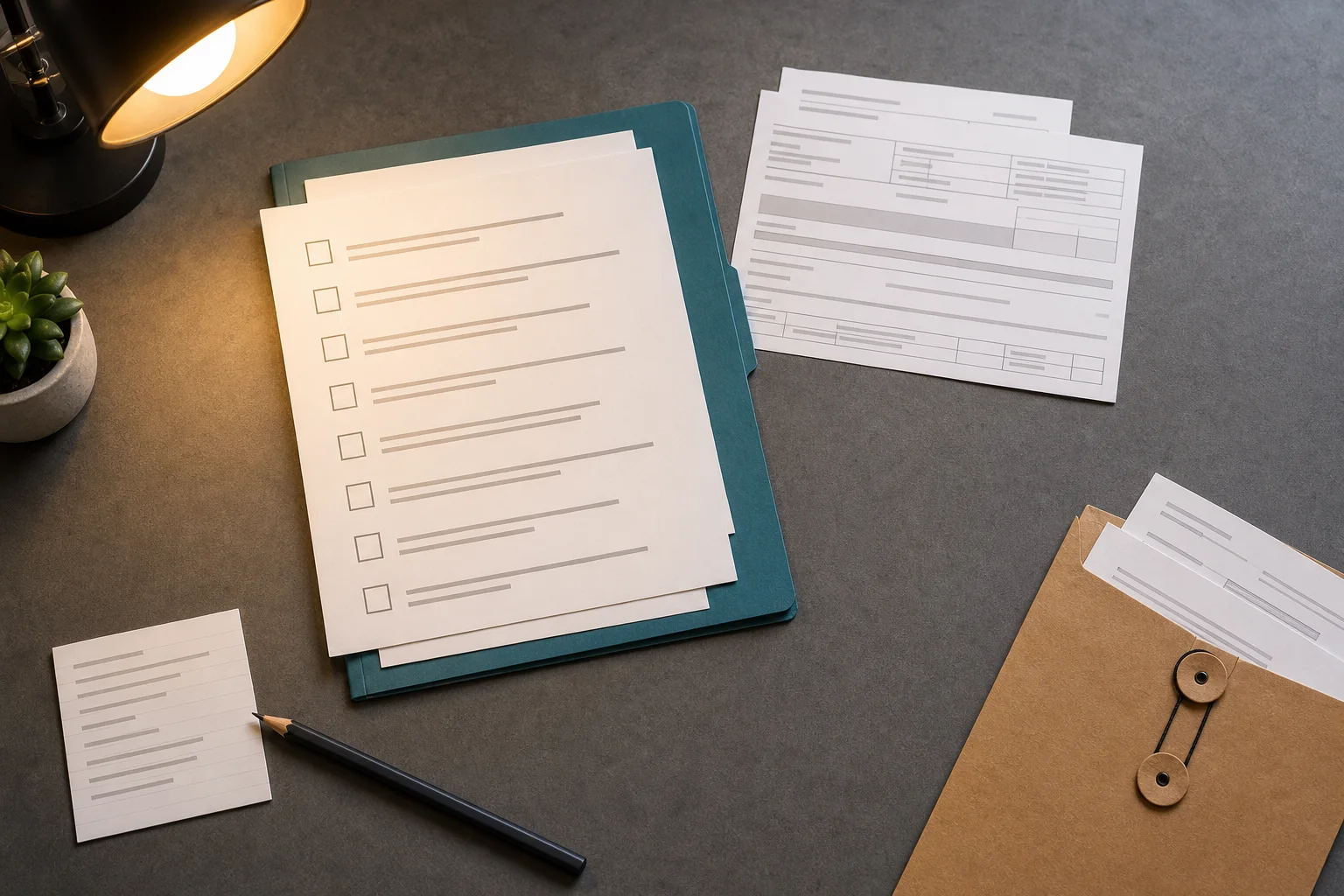 A checklist beside a pay stub and blank withholding forms showing the documents to gather before using the IRS estimator