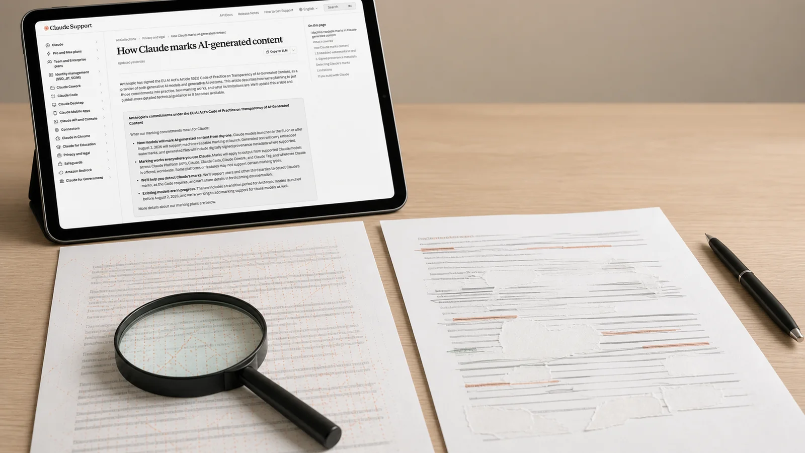 Claude watermarking guidance beside neutral documents that illustrate detection limits.