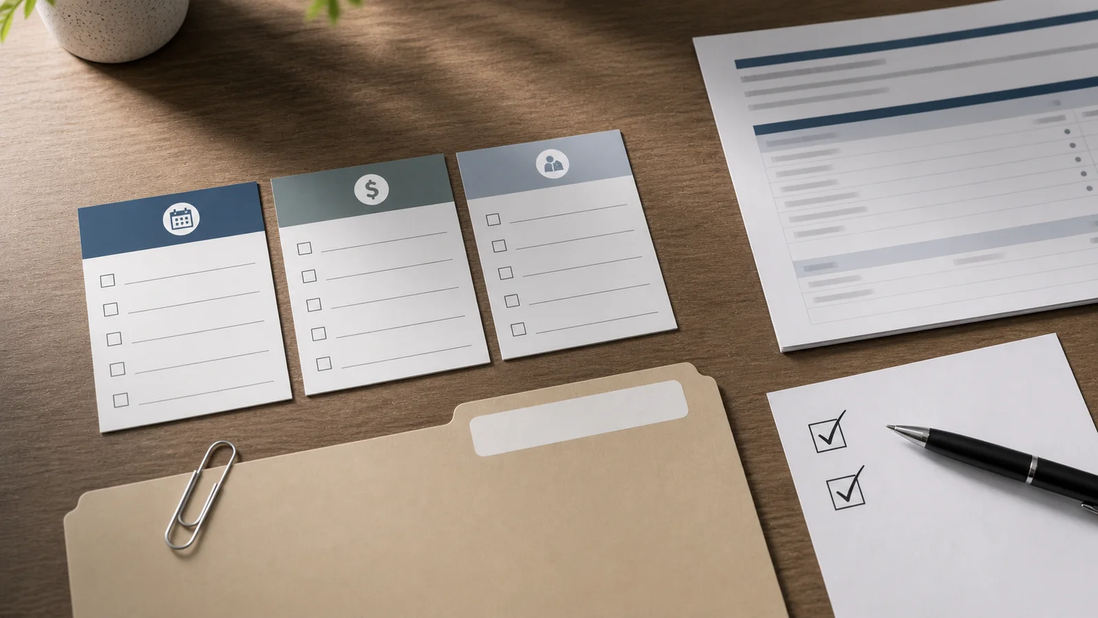 Checklist cards, a blurred payment worksheet and a plain folder arranged to compare student loan repayment options.