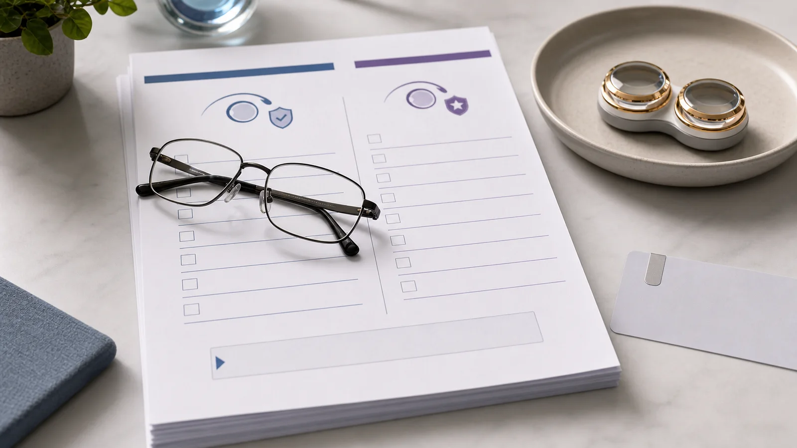 A blank itemized cataract surgery estimate shown beside glasses and an optional lens tray.