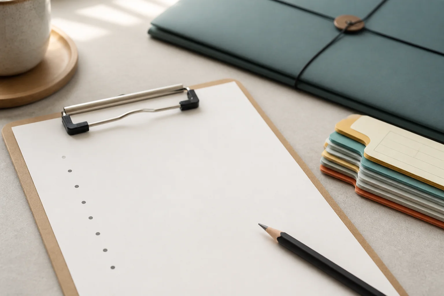 A blank health question list with symptom-history tabs and a folder prepared for a clinician conversation.
