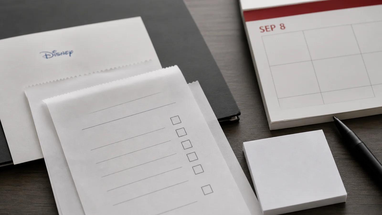 Subscription receipts, a calendar and a blank confirmation note sit near a Disney-branded card on a desk.