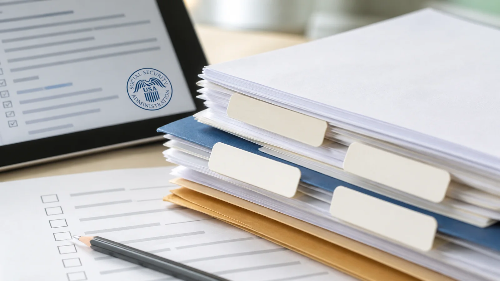 Blank tabbed medical records and an unreadable checklist beside a tablet with a Social Security seal.