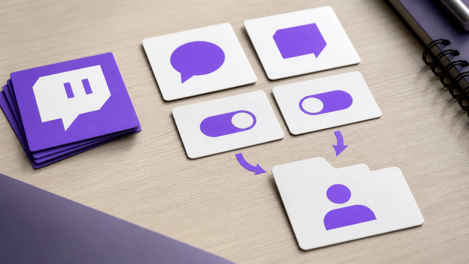 Non-readable chat cards and privacy toggles sit beside a Twitch mark, illustrating how channel settings can affect chat data.