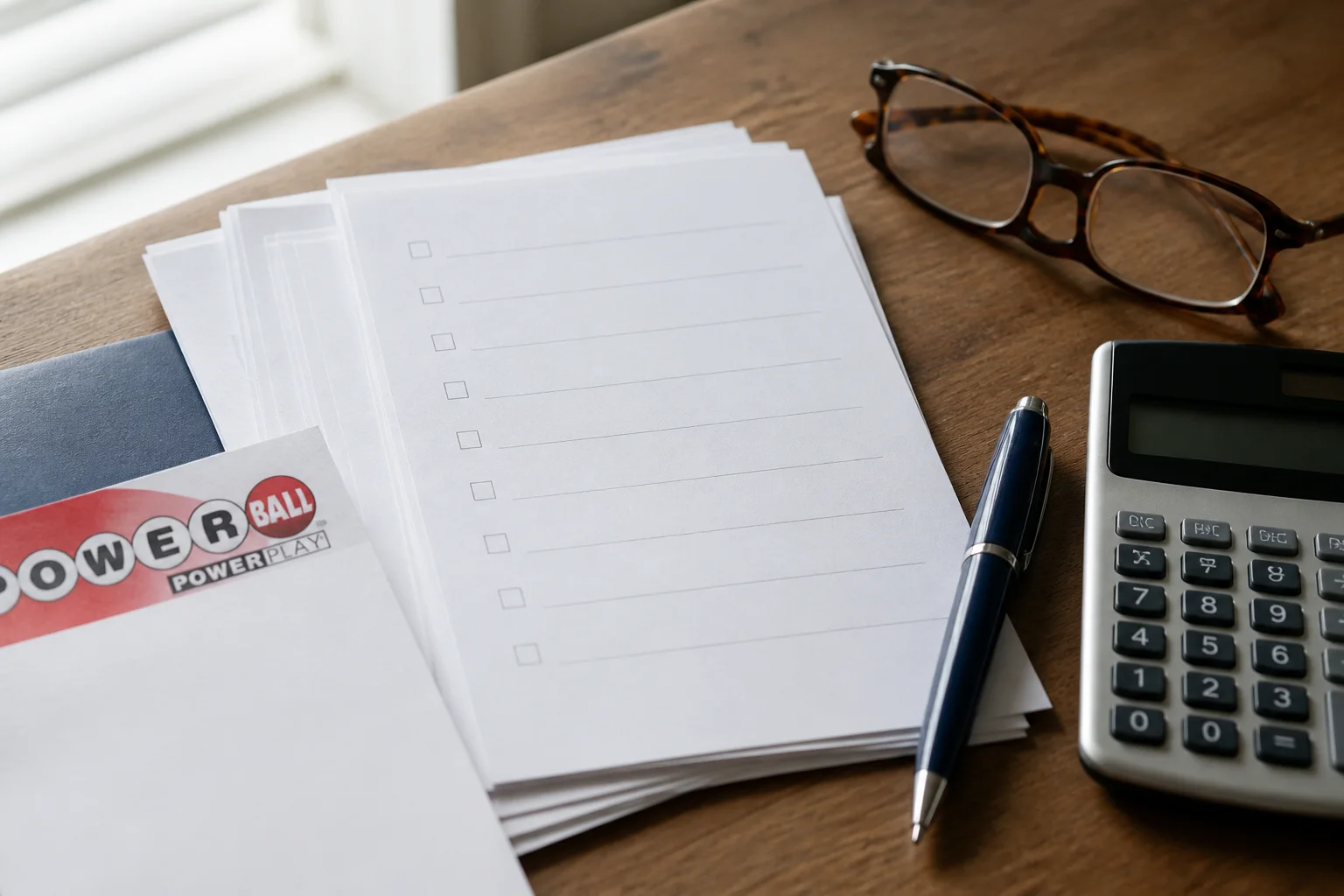 A Powerball-branded ticket edge near blank claim paperwork, glasses, and a calculator.